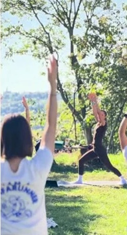 Yoga practice in the shade of the trees